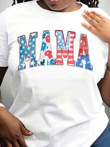 1 pcsPatriotic Mama T-Shirt American Flag Design Fourth Of July Independence Day Celebration Women's Casual Shirt Red  And Blue Stars And Stripes Mother's Day Gift,180g Algodón 100% - Blanco - Ver 2
