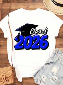 1 camiseta de graduación Clase de 2026 para estudiantes, regalo de celebración para el último año de estudios, para graduados de secundaria y universidad, diseño de gorra azul, camiseta de algodón, 180g, 100% algodón. - Blanco - Ver 3