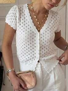 Just Masa Women's Casual And Elegant Summer Knit Blouse, Featuring A V-Neck, Ruffled Short Sleeves, Buttoned Waist And Elasticated Waist, With A Minimalist And Sweet Style, Suitable For Travel, Vacation, Work, The Beach, Dates And Everyday Wear, In White - 白色 - 查看 5