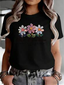 T-Shirt With A Colorful Three-Flower Print And A Bible Verse In Spanish, Women's Casual Summer Wear With Short Sleeves And A Round Neck,  Urban Style For Parties And Events. 51WL - 黑色 - 查看 7