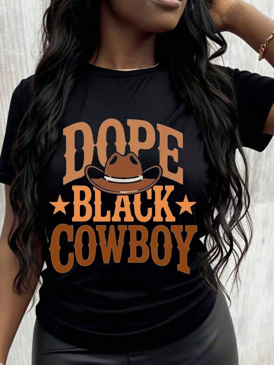 Women's Denim T-Shirt, Fashion Graphic Design, Western Style, Unisex Casual Clothing, Loose Fit T-Shirt For Women - 黑色 - 查看 1