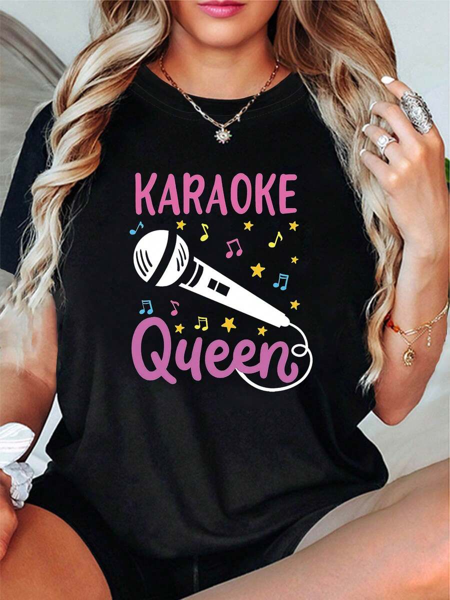 Nuevo modelo 2026,% algodón, adecuado para primavera y verano, corte holgado, ropa casual, diseño moderno, material duradero, camiseta de mujer de primavera-verano con estampado de alta calidad. Perfecta para vacaciones en la playa, viajes a la playa, campamentos de verano, ropa casual, reuniones temáticas de vacaciones, camisetas de manga corta adecuadas para el uso diario. - Negro - Ver 1