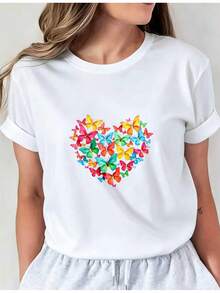 ¡Oferta por tiempo limitado, unidades limitadas,  relámpago! Camisas casuales para mujer, camisetas de poliéster para mujer, camisas elegantes. Camiseta de hombre con estampado de mariposas y corazones, corte holgado, cuello redondo informal, decorada con coloridos y llamativos diseños de mariposas y corazones, tallas S-XXXL, ideal para uso diario. Camiseta informal de cuello redondo, prenda cómoda para mujer. - Blanco - Ver 8
