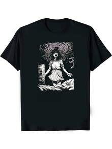 Camiseta Retro Gótica Anime de Terror de los Años 80 y 90 - Camiseta Unisex de Cuello Grueso con Gráficos de Terror Japonés, Perfecta para Cosplay, Halloween o Ropa Casual - Negra con un Patrón de Remolino Rosa - Lavable a Máquina, Camiseta Anime, Disfraz de Cosplay - Negro - Ver 1