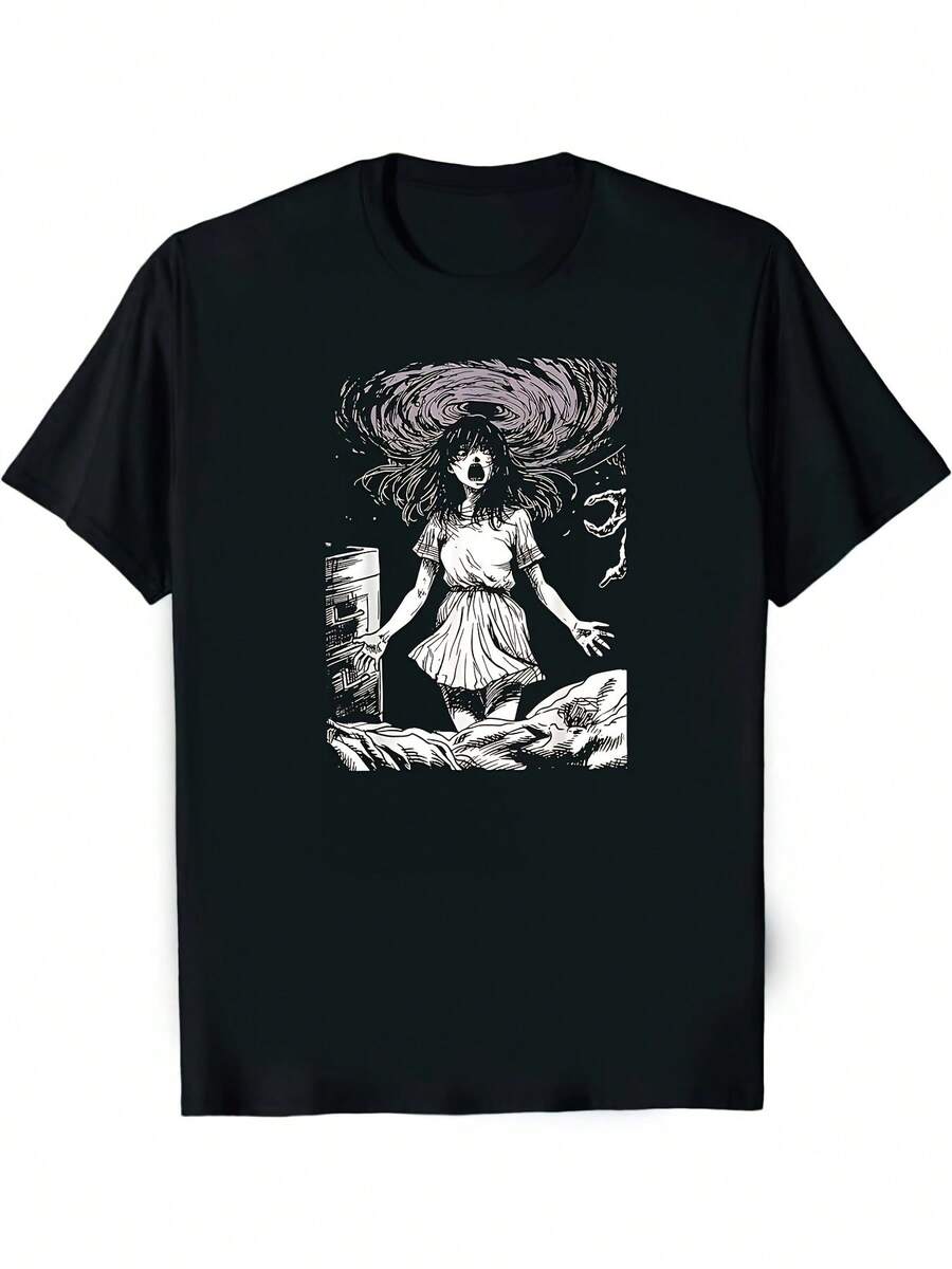 Camiseta Retro Gótica Anime de Terror de los Años 80 y 90 - Camiseta Unisex de Cuello Grueso con Gráficos de Terror Japonés, Perfecta para Cosplay, Halloween o Ropa Casual - Negra con un Patrón de Remolino Rosa - Lavable a Máquina, Camiseta Anime, Disfraz de Cosplay - Negro - Ver 1