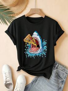 ¡Oferta por tiempo limitado, unidades limitadas,  relámpago! Camisas casuales para mujer, camisetas de poliéster para mujer, camisas elegantes. Camiseta Casual de Manga Corta para Mujer - Estampado de Tiburón y Pizza, Cuello Redondo, Ligera y Lavable a Máquina, Ropa de Verano, Ajuste Relajado, Ideal para Vacaciones, Moda Urbana y Deportiva, Tejido Cómodo - Negro - Ver 7