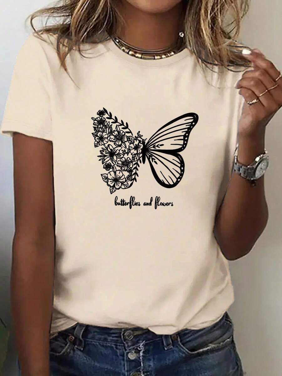 Women's T-Shirt, 100% Pure Cotton, Bohemian Style, With Artistic Floral Print, Casual, Basic, Short Sleeve, Fashionable. Women's T-Shirt With Vintage Bohemian Pattern, 100% Cotton, Soft, Breathable, Round Neck, Short Sleeve, Urban Boho Style. - 杏色 - 查看 1