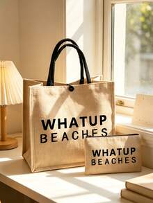 大容量托特包，黑色文字印花「WHATUP BEACHES」，便攜式大容量購物袋，多功能收納袋，亞麻手把托特包，適合海灘旅行、度假、野餐、超市購物、日常攜帶，輕量夏季女款托特包，生日禮物、返校季、海灘玩樂、婚禮蜜月旅行、教師節禮物 - 彩色 - 查看 8
