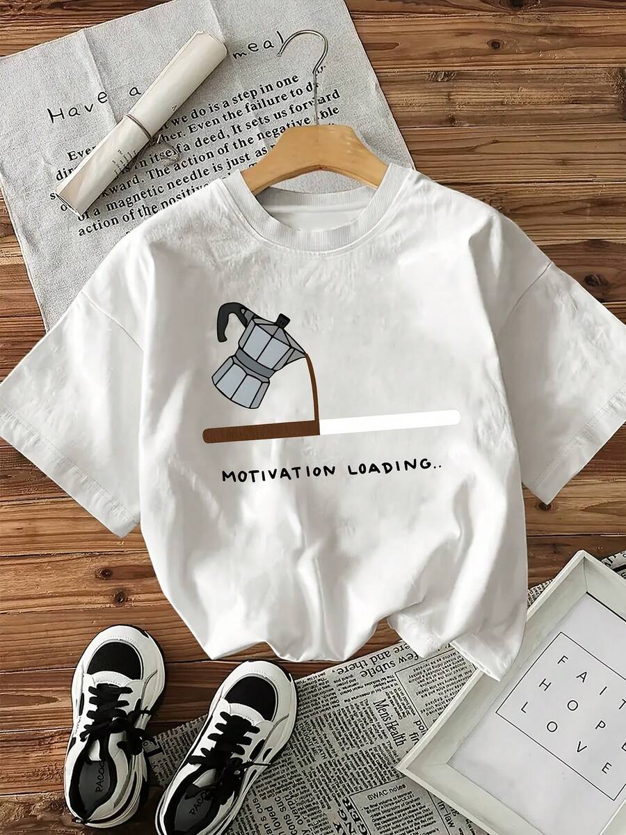 Camiseta de verano para mujer con estampado divertido y temático de café, de cuello redondo y estilo casual, 100% algodón. - Negro - Ver 1