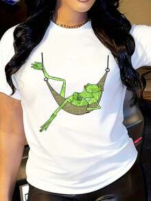 ropa de mujer Camiseta casual de mujer con estampado de rana, corte relajado, top versátil, cuello redondo, manga corta, ropa de moda, camisas de mujer - Blanco - Ver 6