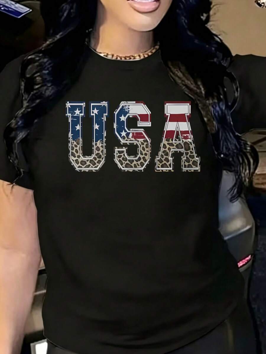MPLSL|Camiseta de moda de Milán con estampado, blusa casual de mujer de manga corta y cuello redondo para primavera y verano|Camiseta con estampado USA de bandera y leopardo - Negro - Ver 1