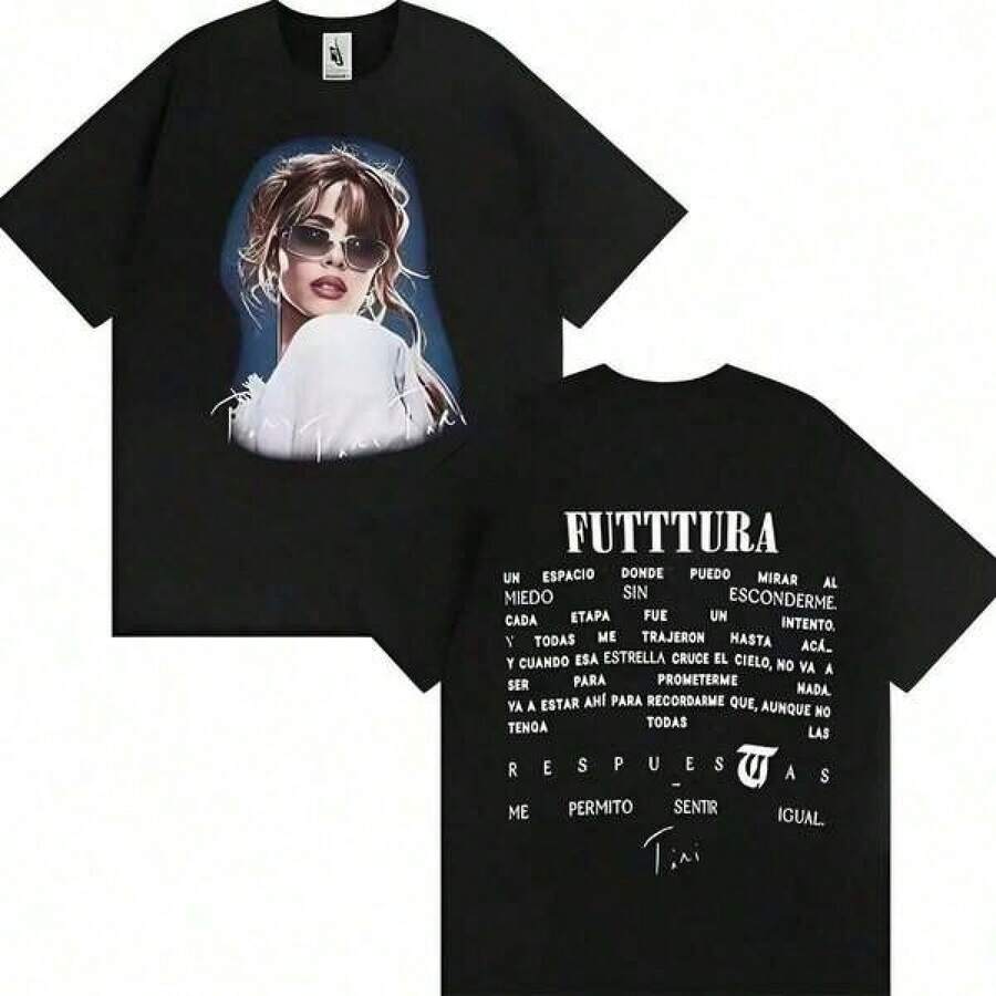 Camiseta de manga corta holgada con estampado de doble cara de la cantante TINI del álbum Futttura, estilo gótico y, ropa de verano para hombre, talla. - Negro - Ver 1