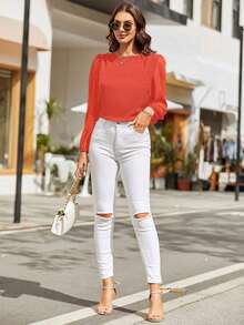 Blusa con mangas de farol y escote en la espalda, blusas de manga larga - Naranja - Ver 6