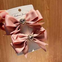 1/2pcs Solid Color Minimalist Pink Bow Cute Crystal Heart Hair Clips, Princess Style Side Clips, Summer Hair Accessories,Hair Barrettes - Multicolor - View 1