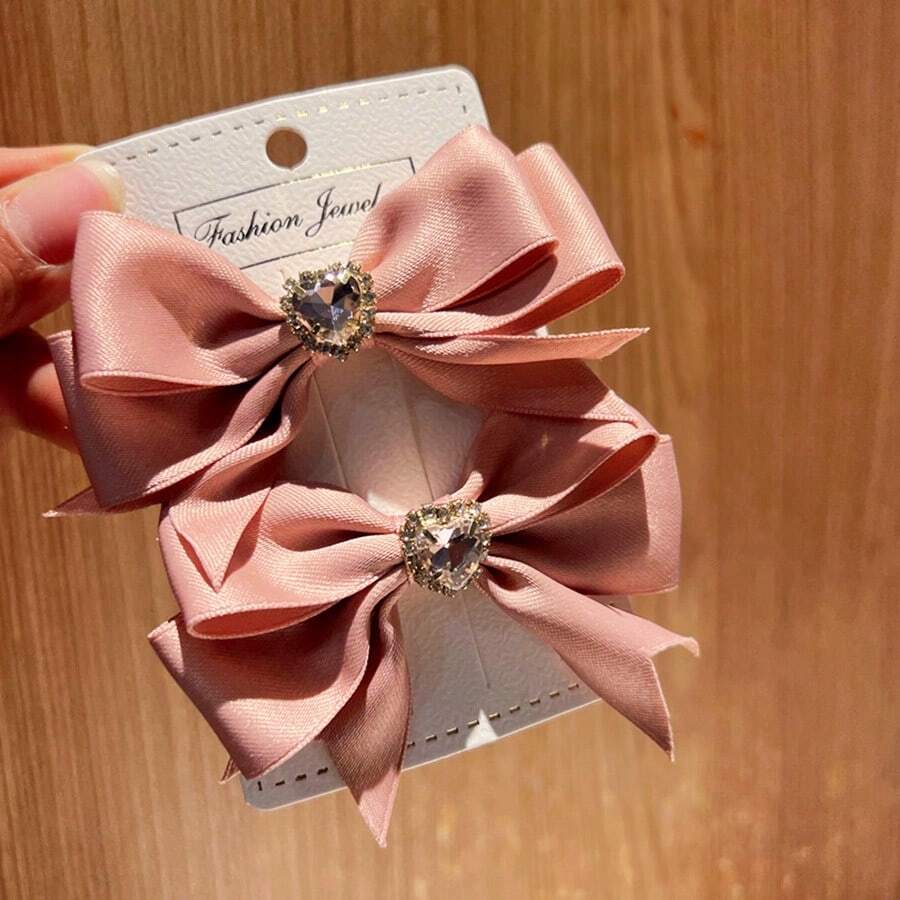 1/2pcs Solid Color Minimalist Pink Bow Cute Crystal Heart Hair Clips, Princess Style Side Clips, Summer Hair Accessories,Hair Barrettes - Multicolor - View 1