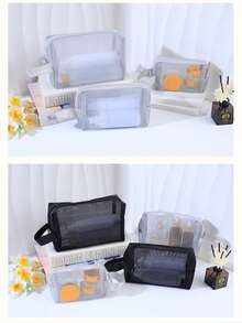 Juego de bolsas de aseo de malla negra transparente, organizadores de cosméticos de nylon transpirable con asa, bolsas de almacenamiento de maquillaje portátiles de varios tamaños para viajes - Negro - Ver 4