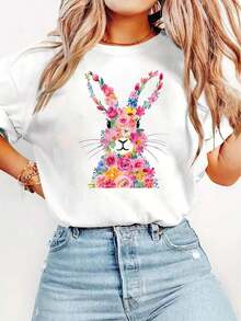 Women's Vintage Rabbit Print T-Shirt - Soft And Breathable Short Sleeve Crew Neck Blouse, Casual Top For Spring, Summer And Autumn With Rabbit Print And Patterns, Machine Washable, Easter Gift - White - View 6