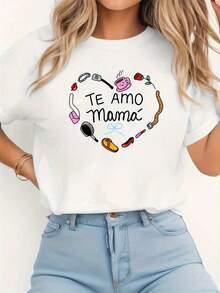 1 pieza de camiseta de manga corta para mujer con estampado "TE AMO" en español, cuello redondo, para primavera/verano, estilo casual urbano, regalo para vacaciones, llena de calidez y amor, estilo dulce con una rica sensación de vida, 180g 100% algodón. - Blanco - Ver 1
