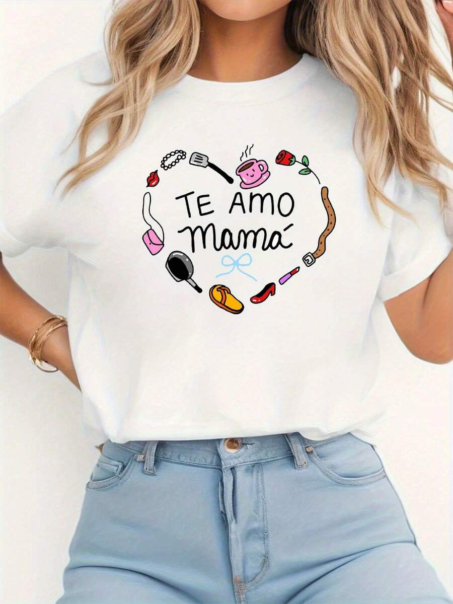 1 pieza de camiseta de manga corta para mujer con estampado "TE AMO" en español, cuello redondo, para primavera/verano, estilo casual urbano, regalo para vacaciones, llena de calidez y amor, estilo dulce con una rica sensación de vida, 180g 100% algodón. - Blanco - Ver 1