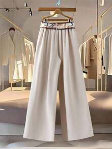 Pantalones rectos de color blanco sólido y albaricoque con elástico en la cintura trasera, con bufanda, para uso diario, elegante, para invierno, otoño, otoño, Navidad, Año Nuevo, fiesta de Acción de Gracias - Albaricoque - Ver 2