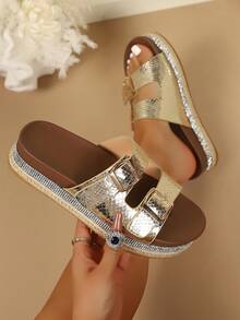 Women's Platform Wedge Sandals, New Summer Snake Print Double Buckle Thick Bottom Slides, Rhinestone Woven Flatform Slip-On Slippers, European And American Style Casual Beach Vacation Sandals - Gold - View 2