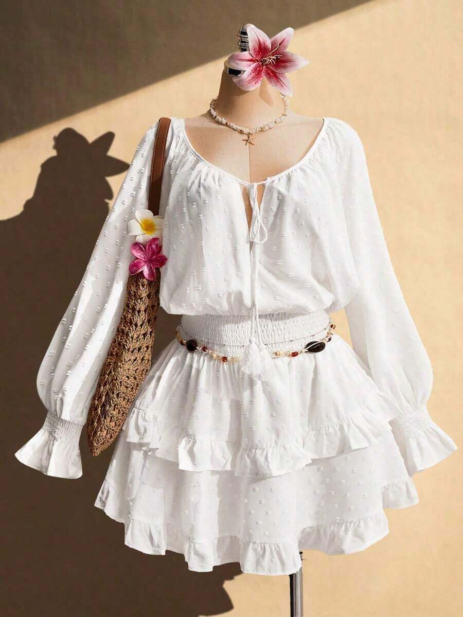 ICON Vestido de línea A con cuello en V, cintura con lazo y volantes en el bajo, vestido bohemio, ropa de vacaciones, adecuado para la primavera, talla grande - Beis - Ver 1