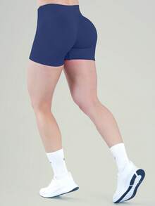 UONNOU Women's Seamless Shorts For Summer, V-Shaped Waist, Ruched Design, Shaping Waist & Hip Curves, Suitable For Yoga & Daily Wear Sports - Navy Blue - View 4