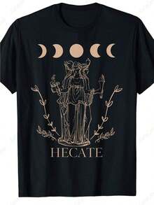 Camiseta mujer casual estilo místico estampado gráfico diosa Hécate fases lunares hojas suelta cuello redondo manga corta primavera verano diario T-shirt - Negro - Ver 6