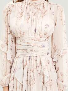 Vestido de fiesta otoño invierno gasa estampado manga larga con volantes elegante estilo europeo para mujer - Rosa - Ver 9