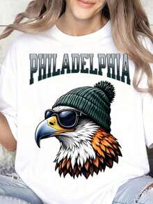 100% algodón puro, Camiseta de mujer con diseño de águila de Filadelfia con gorro y gafas de sol, para hombre y mujer, ropa de calle unisex, regalo de moda para aficionados al fútbol, equipo deportivo, ropa casual. - Blanco - Ver 6