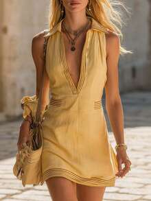 2026 Autumn New Collection Striped Print V-Neck Design Short Beach Dress With Holiday Style - Yellow - View 1