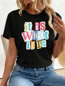 Camiseta Casual con Estampado Gráfico de Letras para Otoño, Tela Premium, Cuello Redondo, Corte Holgado, Cómoda, Estilo Hip-Hop Urbano para Mujer - Negro - Ver 6