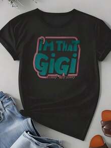 Women's "I'm That Gigi Sorry Not Sorry" Graphic Print T-Shirt, Casual Summer Top, Gift For Grandma, Mother's Day, Family Outing. Casual Blouse For Women - 黑色 - 查看 4