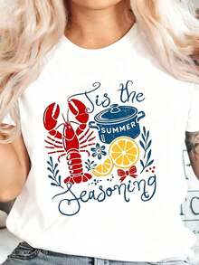 Summer T-Shirt With Lobster, Lobster Pot, Lemon And Flowers Print, With The Text 'It's The Spice Of Summer', For Beach And Casual Wear. Women's Casual Blouse - 白色 - 查看 2