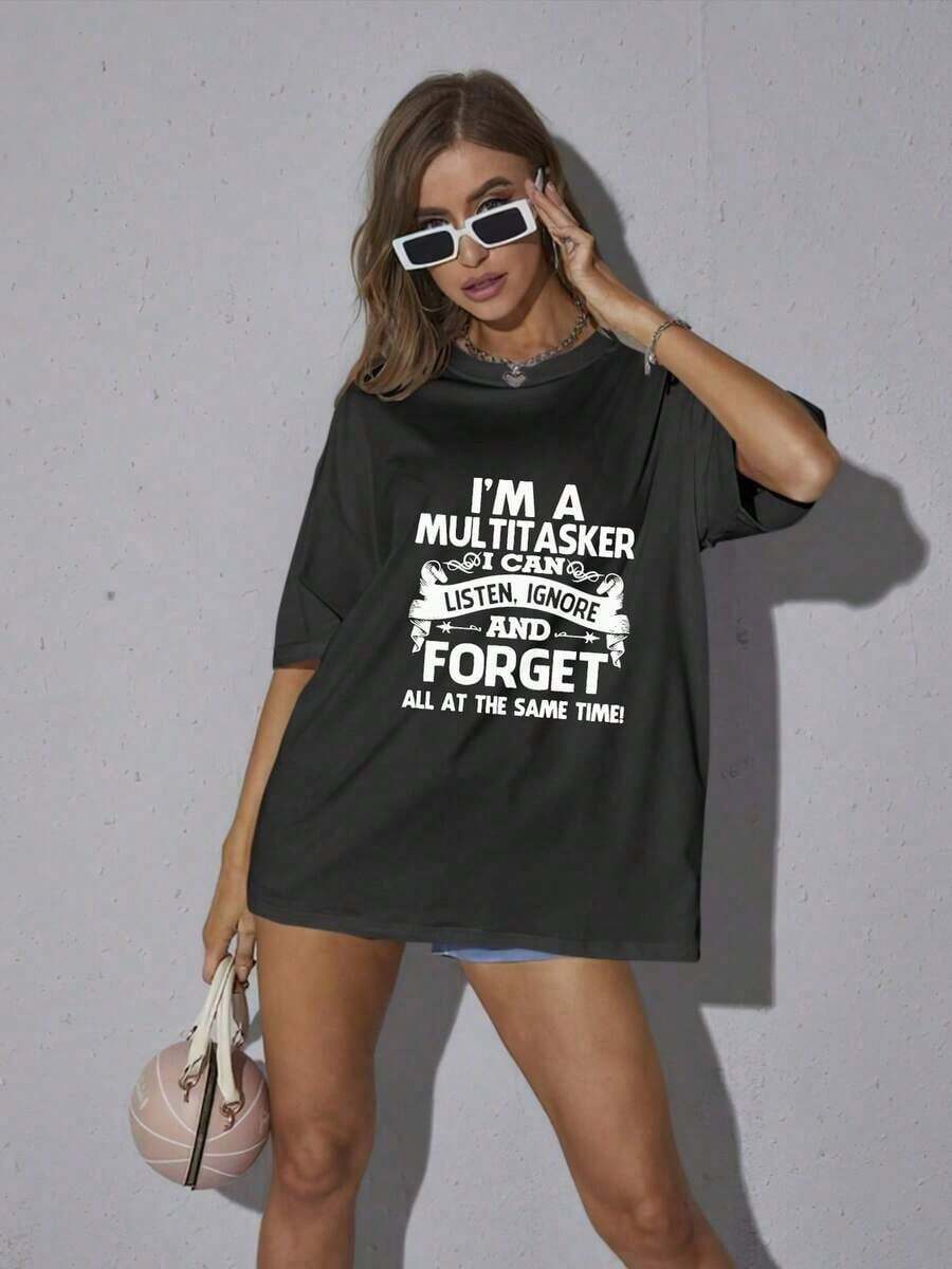 Camiseta divertida multitarea 'estilo casual suelto' 'frase humorística estampada' 'algodón cómodo mujeres jóvenes' 'tallas disponibles M L XL negro' 'ropa moda' 'top '. - Negro - Ver 1