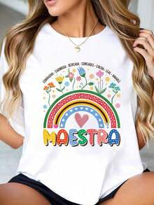 Camiseta Casual 100% Algodón para Mujer, Diseño Arcoíris, para Maestras y Profesoras de Español, Regreso a Clases - Blanco - Ver 7