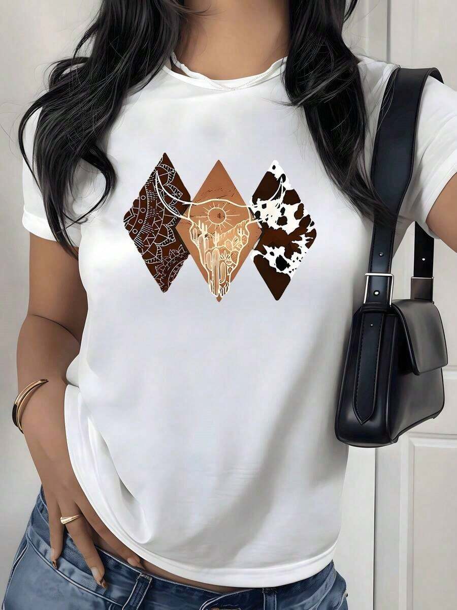 Western Desert Cow Skull Graphic Print T-Shirt, 180g, 1 Piece, Southwest Boho Style, Women's Casual T-Shirt, 100% Cotton, Vintage Style - 白色 - 查看 1