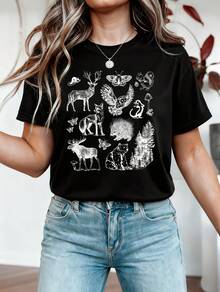 Una camiseta de manga corta para mujer, moderna, a la moda, retro, casual y holgada, adecuada para actividades al aire libre en primavera y verano, camiseta con estampado de animales del bosque retro, camiseta de cuento de hadas, camiseta de zorro, ciervo, búho, camiseta de estilo campestre, regalo para amantes de la naturaleza del bosque.blusas para mujer,blusas casuales para dama,tops,, mujer premium,y2k,playeras de mujer curvy,ofertas y liquidaciones ropa mujer,playeras deportivas para mujer,,playeras de hombre, mujer,blusas>elegante YYQH - Negro - Ver 8