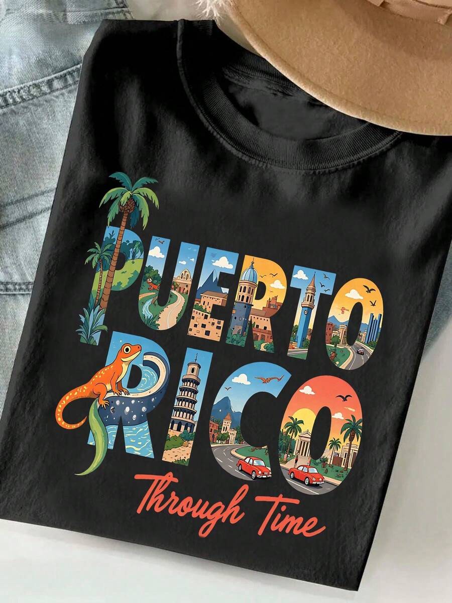 Una camiseta de manga corta para mujer, moderna, a la moda, retro, informal y holgada, adecuada para actividades al aire libre en primavera y verano.Camiseta de Puerto Rico para mujer, de manga corta, cuello redondo, estilo casual, estampada con icónicos lugares de la isla y vibrantes patrones tradicionales puertorriqueños.Adecuada para uso diario, recuerdos de viaje y regalos culturales.blusas para mujer,blusas casuales para dama,tops,, mujer premium,y2k,playeras de mujer curvy,ofertas y liquidaciones ropa mujer,playeras deportivas para mujer,,playeras de hombre, mujer,blusas>elegante SP2Q - Negro - Ver 1
