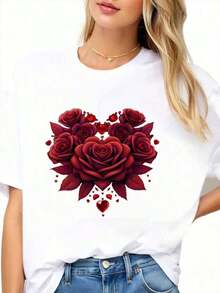 Women's T-Shirt With Rose And Heart Graphic Design, Casual Summer Top, Romantic Gift, Urban Vintage Style, Unisex, Cotton, Short Sleeve, Round Neck, 100% Cotton - 白色 - 查看 3