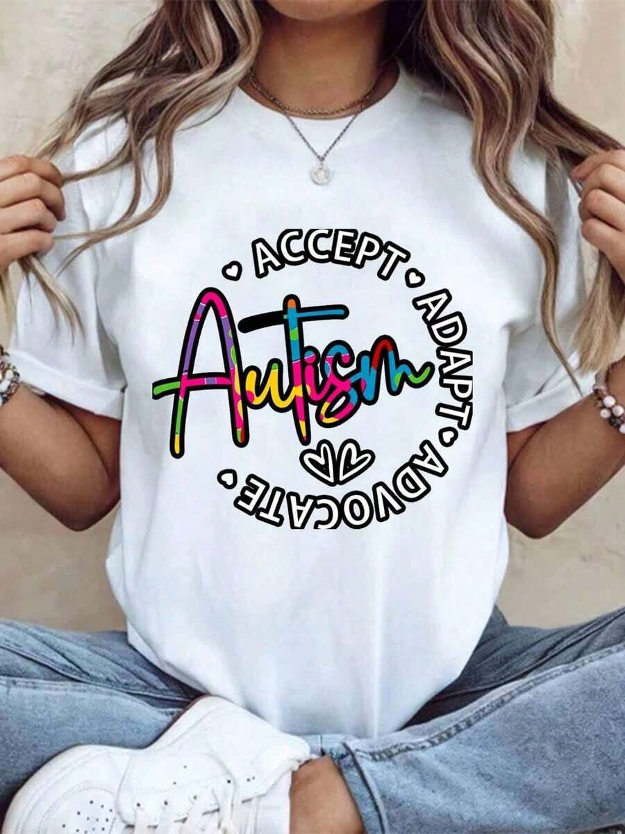 Camiseta de Apoyo y Concientización sobre el Autismo con Mensaje Vestible para Orgullo y Defensa de la Comunidad Autista, 220g - Estilo Urbano Vintage, Unisex, de Algodón, Manga Corta, Cuello Redondo, 100% Algodón - Blanco - Ver 1