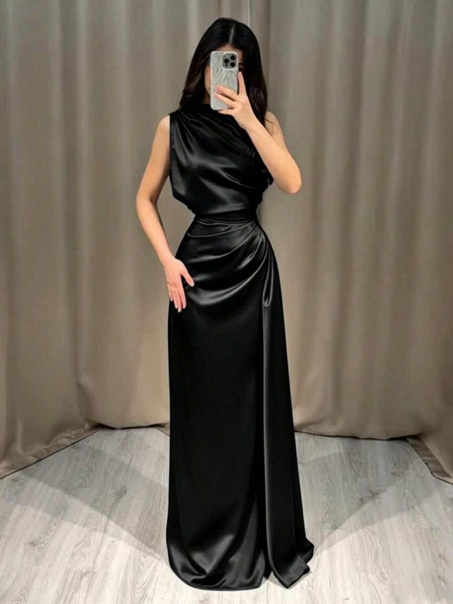 Navy Satin Asymmetric Ruched Sleeveless Formal Dress, Elegant Women Spring Autumn Dress Black Summer