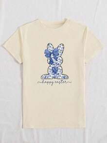 Women's Short-Sleeved, Round-Neck T-Shirt, Soft, With Colorful Rhinestone And Rabbit Patch Print, Suitable For Everyday Wear, Holidays And Leisure Time. Pure-Cotton - Apricot - View 4