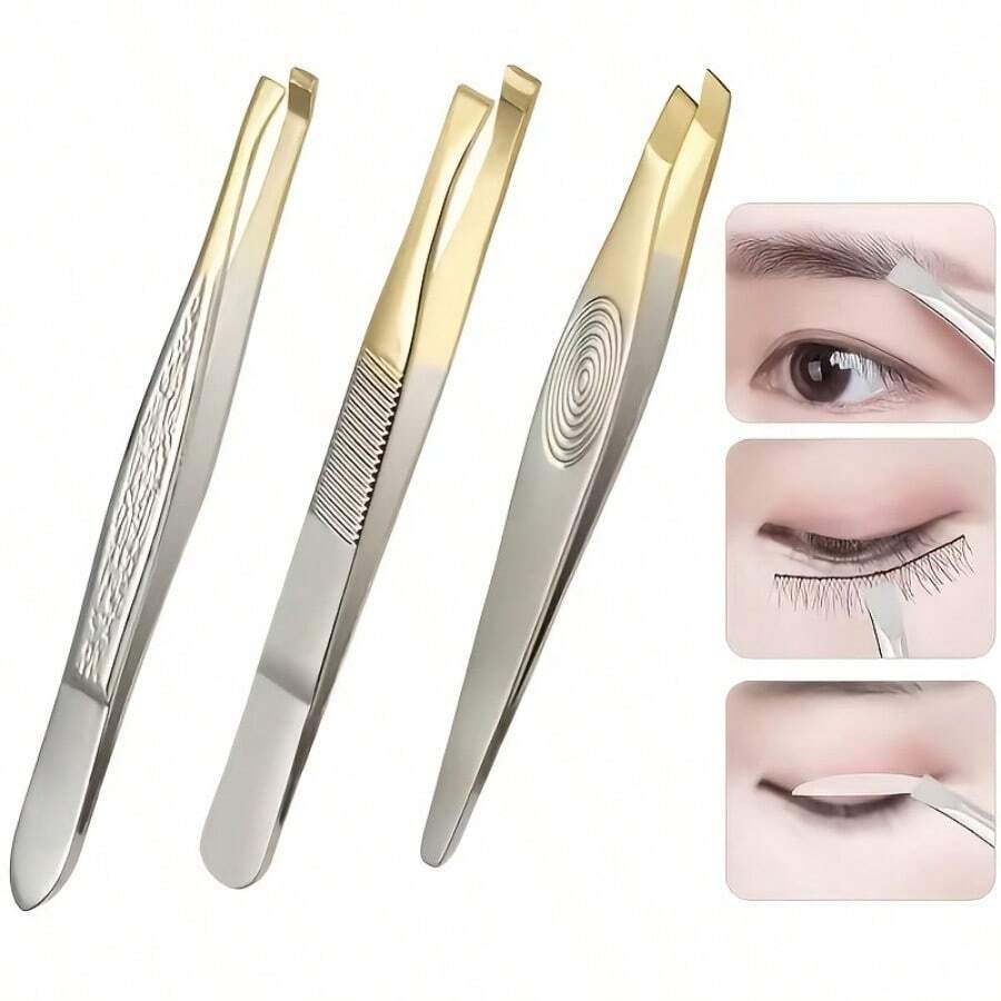 Bộ 3 món nhíp tỉa lông mày tái sử dụng, dụng cụ chăm sóc lông mày bằng thép không gỉ, kẹp bấm mi và nhíp tỉa lông mày, dụng cụ trang điểm - Nhiều màu - Xem 1