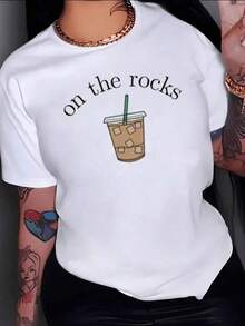 ComfortableVaso de café helado con pajilla verde que transmite frescura y energía para amantes de bebidas frías casuales camiseta de mujer 100% algodón 220gFashion All-match Women's Short Sleeve T-shirt, Basic Style for Inner & Outer Wear - Blanco - Ver 1