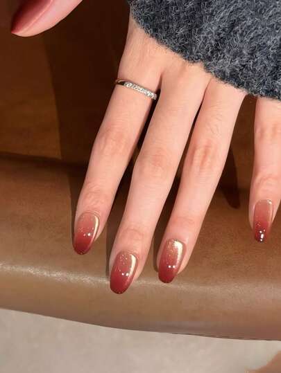 30pcs Gentle Aesthetic Nail Stickers, Nude-Caramel Red Ombre Wear, Maillard Style False Nails, XS, S, M Sizes Included