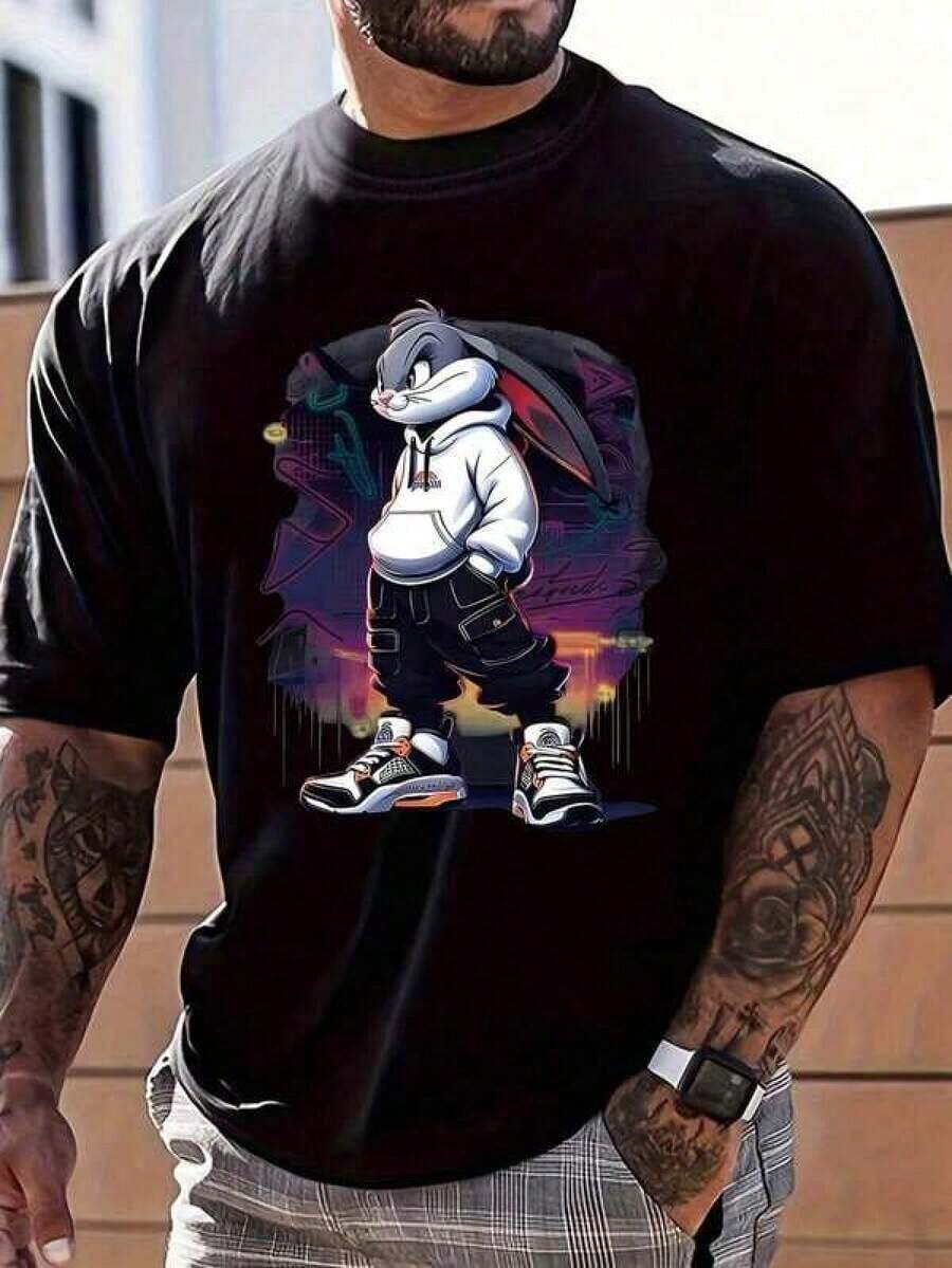 Men's Comfortable And Casual Washed Cotton Crew Neck T-Shirt With A Striking Rabbit Print, Short Sleeves, For Everyday Wear, Popular, Soft And Skin-Friendly, Unisex Style, Gifts, Men's T-Shirts, Sportswear, 100% Cotton. - 黑色 - 查看 1