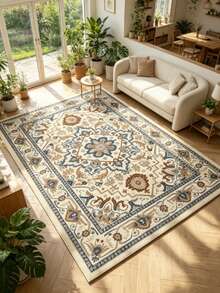 1pc Beige Persian Floral Pattern Area Rug, Decorative Carpet For Bedroom, Living Room, Home Decor, Washable - Multicolor B - View 1