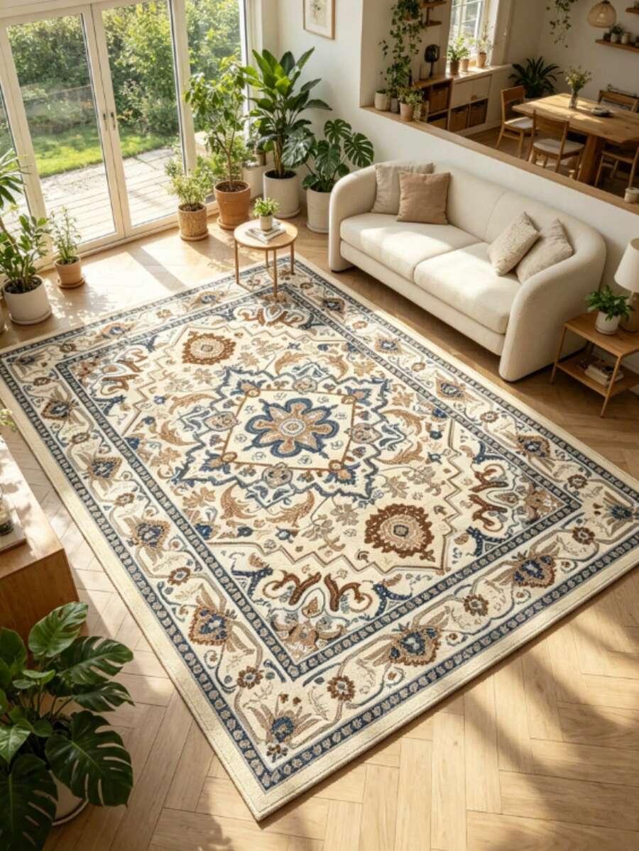1pc Beige Persian Floral Pattern Area Rug, Decorative Carpet For Bedroom, Living Room, Home Decor, Washable - Multicolor B - View 1