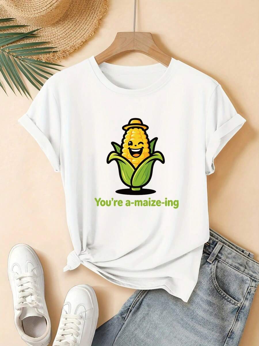 Camiseta de manga corta para mujer, corte regular - Dibujo geométrico 2D de maíz con sombrero, sonriendo, juguetona, casual, manga corta, cuello redondo, disponible para todas las estaciones,últiples colores y tallas, moda festiva, estética retro, material transpirable, estampado divertidoDaily Casual Round Neck Short Sleeve-Shirt Women - Blanco - Ver 1
